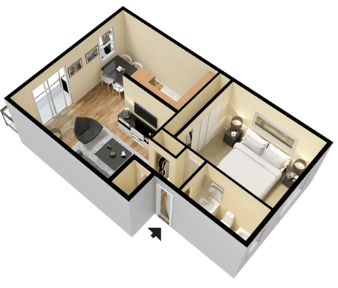 Floor plan for 1 bed, 1 bath, 700 sqft